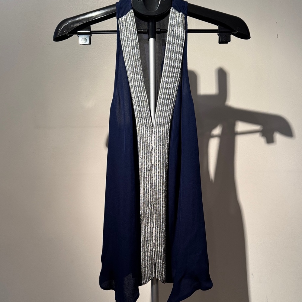 Navy Sleeveless Top with Silver Accents